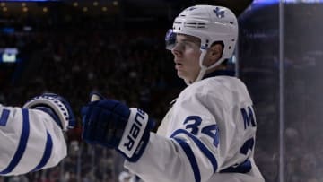 Oct 6, 2016; Montreal, Quebec, CAN; Toronto Maple Leafs forward Auston Matthews (34) reacts aftyer scoring agoal against the Montreal Canadiens during the first period of a preseason hockey game at the Bell Centre. Mandatory Credit: Eric Bolte-USA TODAY Sports