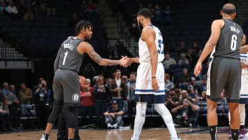 MINNEAPOLIS, MN - NOVEMBER 12: D'Angelo Russell #1 of the Brooklyn Nets and Karl-Anthony Towns #32 of the Minnesota Timberwolves. Copyright 2018 NBAE (Photo by David Sherman/NBAE via Getty Images)