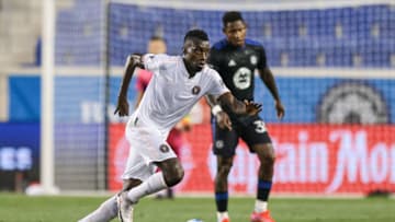 Jul 3, 2021; Harrison, New Jersey, USA; Inter Miami CF midfielder Blaise Matuidi (8) controls the ball in front of CF Montreal forward Romell Quioto (30) during the second half at Red Bull Arena. Mandatory Credit: Vincent Carchietta-USA TODAY Sports