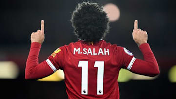 LIVERPOOL, ENGLAND - NOVEMBER 25: Mohamed Salah of Liverpool celebrates scoring his sides first goal during the Premier League match between Liverpool and Chelsea at Anfield on November 25, 2017 in Liverpool, England. (Photo by Shaun Botterill/Getty Images)