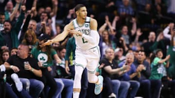 BOSTON, MA - MAY 27: Jayson Tatum #0 of the Boston Celtics celebrates after hitting a three point shot against the Cleveland Cavaliers during Game Seven of the 2018 NBA Eastern Conference Finals at TD Garden on May 27, 2018 in Boston, Massachusetts. (Photo by Maddie Meyer/Getty Images)