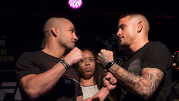 DALLAS, TX - MAY 10: Eddie Alvarez faces off with Dustin Poirier during the UFC 211 Ultimate Media Day at the House of Blues Dallas on May 10, 2017 in Dallas, Texas. (Photo by Cooper Neill/Zuffa LLC/Zuffa LLC via Getty Images)