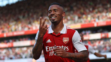 Arsenal's Brazilian striker Gabriel Jesus celebrates after scoring their second goal during the English Premier League football match between Arsenal and Leicester City at the Emirates Stadium in London on August 13, 2022. - - RESTRICTED TO EDITORIAL USE. No use with unauthorized audio, video, data, fixture lists, club/league logos or 'live' services. Online in-match use limited to 120 images. An additional 40 images may be used in extra time. No video emulation. Social media in-match use limited to 120 images. An additional 40 images may be used in extra time. No use in betting publications, games or single club/league/player publications. (Photo by ADRIAN DENNIS / AFP) / RESTRICTED TO EDITORIAL USE. No use with unauthorized audio, video, data, fixture lists, club/league logos or 'live' services. Online in-match use limited to 120 images. An additional 40 images may be used in extra time. No video emulation. Social media in-match use limited to 120 images. An additional 40 images may be used in extra time. No use in betting publications, games or single club/league/player publications. / RESTRICTED TO EDITORIAL USE. No use with unauthorized audio, video, data, fixture lists, club/league logos or 'live' services. Online in-match use limited to 120 images. An additional 40 images may be used in extra time. No video emulation. Social media in-match use limited to 120 images. An additional 40 images may be used in extra time. No use in betting publications, games or single club/league/player publications. (Photo by ADRIAN DENNIS/AFP via Getty Images)