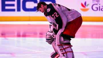 WASHINGTON, DC - APRIL 21: Columbus Blue Jackets goaltender Sergei Bobrovsky (72) takes the ice for the game against the Washington Capitals on April 21, 2018, at the Capital One Arena in Washington, D.C. in the First Round of the Stanley Cup Playoffs. The Washington Capitals defeated the Columbus Blue Jackets, 4-3 in overtime.(Photo by Mark Goldman/Icon Sportswire via Getty Images)