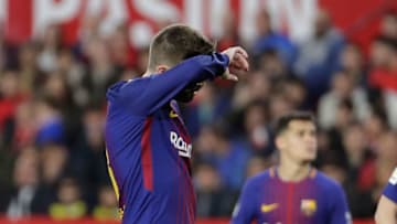 SEVILLA, SPAIN - MARCH 31: Gerard Pique of FC Barcelona during the La Liga Santander match between Sevilla v FC Barcelona at the Estadio Ramon Sanchez Pizjuan on March 31, 2018 in Sevilla Spain (Photo by David S. Bustamante/Soccrates/Getty Images)