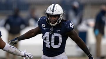 STATE COLLEGE, PA - DECEMBER 12: Jesse Luketa #40 of the Penn State Nittany Lions celebrates after a play against the Michigan State Spartans during the second half at Beaver Stadium on December 12, 2020 in State College, Pennsylvania. (Photo by Scott Taetsch/Getty Images)