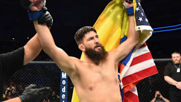 LINCOLN, NE - AUGUST 25: Bryan Barberena celebrates after his TKO victory over Jake Ellenberger in their welterweight fight during the UFC Fight Night event at Pinnacle Bank Arena on August 25, 2018 in Lincoln, Nebraska. (Photo by Josh Hedges/Zuffa LLC/Zuffa LLC via Getty Images)
