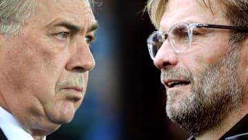 FILE PHOTO (EDITORS NOTE: COMPOSITE OF IMAGES - Image numbers 1201010205, 856402376 - GRADIENT ADDED) In this composite image a comparison has been made between Carlo Ancelotti, Manager of Everton (L) and Liverpool manager Jurgen Klopp. Everton and Liverpool meet in a Premier League fixture on October 17,2020 at Goodison Park in Liverpool, England. ***LEFT IMAGE*** LIVERPOOL, ENGLAND - JANUARY 21: Carlo Ancelotti, Manager of Everton looks on prior to the Premier League match between Everton FC and Newcastle United at Goodison Park on January 21, 2020 in Liverpool, United Kingdom. (Photo by Gareth Copley/Getty Images) ***RIGHT IMAGE*** NEWCASTLE UPON TYNE, ENGLAND - OCTOBER 01: Liverpool manager Jurgen Klopp looks on during the Premier League match between Newcastle United and Liverpool at St. James Park on October 1, 2017 in Newcastle upon Tyne, England. (Photo by Ian MacNicol/Getty Images)