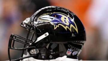 Aug 28, 2014; New Orleans, LA, USA; A Baltimore Ravens helmet sits on a box on the sidelines during the second half of their game against the New Orleans Saints at the Mercedes-Benz Superdome. Mandatory Credit: Chuck Cook-USA TODAY Sports