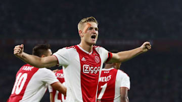 AMSTERDAM, NETHERLANDS - AUGUST 14: Matthijs de Ligt of Ajax celebrates scoring his teams second goal of the game during the UEFA Champions League third round qualifying match between Ajax and Royal Standard de Liege at Johan Cruyff Arena on August 14, 2018 in Amsterdam, Netherlands. (Photo by Dean Mouhtaropoulos/Getty Images)