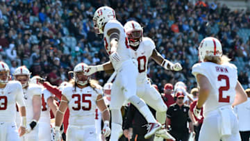 August 27th 2017, Allianz Stadium, Sydney, Australia; College Football Sydney Cup; Rice University v Stanford University; Standford Cardinals running backs Cameron Scarlett and Bryce Love celebrate a touchdown; (Photo by Nigel Owen/Action Plus via Getty Images)