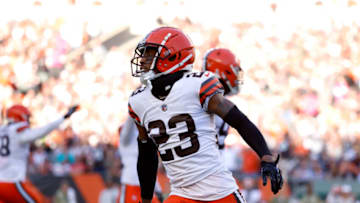 CINCINNATI, OH - NOVEMBER 07: Troy Hill #23 of the Cleveland Browns reacts after making a defensive stop during the game against the Cincinnati Bengals at Paul Brown Stadium on November 7, 2021 in Cincinnati, Ohio. (Photo by Kirk Irwin/Getty Images)