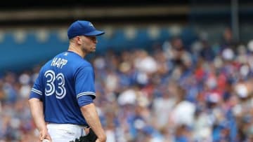 Jul 24, 2016; Toronto, Ontario, CAN; Toronto Blue Jays starting pitcher J.A. Happ (33) sets to pitch against the Seattle Mariners during the in the fifth inning at Rogers Centre. Mandatory Credit: Kevin Sousa-USA TODAY Sports
