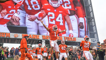 Sep 10, 2022; Clemson, South Carolina, USA; Clemson Tigers running back Will Shipley (1) and running back Phil Mafah (26) run down the hill with teammates before a game against the Furman Paladins at Memorial Stadium. Mandatory Credit: Ken Ruinard-USA TODAY Sports