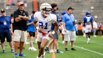 Florida Gators wide receiver Eugene Wilson III (21) runs in a drill during fall football practice at Ben Hill Griffin Stadium at the University of Florida in Gainesville, FL on Saturday, August 5, 2023. [Matt Pendleton/Gainesville Sun]