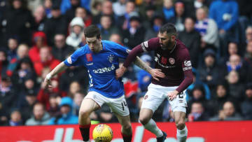 GLASGOW, SCOTLAND - OCTOBER 07: Ryan Kent of Rangers vies with Michael Smith of Heart of Midlothian during the Scottish Ladbrokes Premiership match between Rangers and Hearts at Ibrox Stadium on October 7, 2018 in Glasgow, Scotland. (Photo by Ian MacNicol/Getty Images)