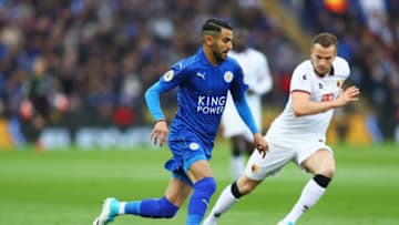 LEICESTER, ENGLAND - MAY 06: Riyad Mahrez of Leicester City in action during the Premier League match between Leicester City and Watford at The King Power Stadium on May 6, 2017 in Leicester, England. (Photo by Clive Rose/Getty Images)