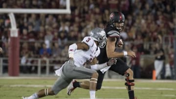 October 8, 2016; Stanford, CA, USA; Stanford Cardinal quarterback Ryan Burns (17) runs with the football against Washington State Cougars cornerback Darrien Molton (3) during the second quarter at Stanford Stadium. Mandatory Credit: Kyle Terada-USA TODAY Sports