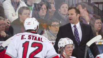 OTTAWA, CANADA - FEBRUARY 7: Head coach Kirk Muller of the Carolina Hurricanes gives instructions on the bench during an NHL game against the Ottawa Senators at Scotiabank Place on February 7, 2013 in Ottawa, Ontario, Canada. (Photo by Jana Chytilova/Freestyle Photography/Getty Images)