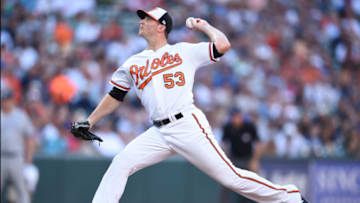 BALTIMORE, MD - JULY 09: Zach Britton #53 of the Baltimore Orioles pitches in the ninth inning during a game one of a doubleheader baseball game against the New York Yankees at Oriole Park at Camden Yards on July 9, 2018 in Baltimore, Maryland. (Photo by Mitchell Layton/Getty Images)