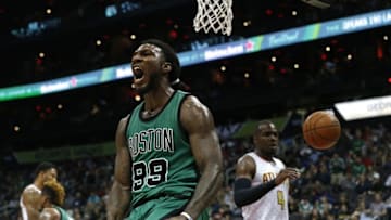 Apr 9, 2016; Atlanta, GA, USA; Boston Celtics forward Jae Crowder (99) celebrates a dunk in the third quarter of their game against the Atlanta Hawks at Philips Arena. The Hawks won 118-107. Mandatory Credit: Jason Getz-USA TODAY Sports
