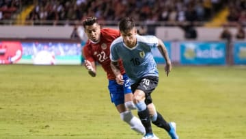 Uruguay's midfielder Brian Rodriguez (R) vies for the ball with Costa Rica's defender Ronald Matarrita during the internatioanl friendly football match between Uruguay and Costa Rica at National stadium in San Jose, Costa Rica on September 6, 2019. (Photo by Ezequiel BECERRA / AFP) (Photo credit should read EZEQUIEL BECERRA/AFP/Getty Images)