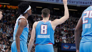 SACRAMENTO, CA - MARCH 1: Bogdan Bogdanovic #8 of the Sacramento Kings looks on during the game against the Los Angeles Clippers on March 1, 2019 at Golden 1 Center in Sacramento, California. NOTE TO USER: User expressly acknowledges and agrees that, by downloading and or using this photograph, User is consenting to the terms and conditions of the Getty Images Agreement. Mandatory Copyright Notice: Copyright 2019 NBAE (Photo by Rocky Widner/NBAE via Getty Images)