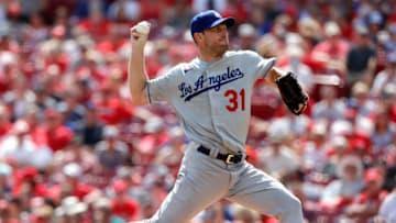 Sep 18, 2021; Cincinnati, Ohio, USA; Los Angeles Dodgers starting pitcher Max Scherzer (31) throws a pitch against the Cincinnati Reds during the first inning at Great American Ball Park. Mandatory Credit: David Kohl-USA TODAY Sports