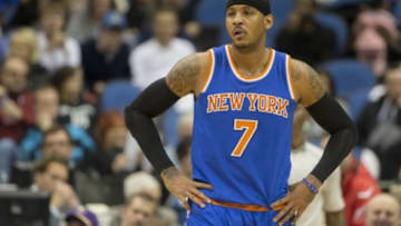 Nov 19, 2014; Minneapolis, MN, USA; New York Knicks forward Carmelo Anthony (7) looks on during the first half against the Minnesota Timberwolves at Target Center. Mandatory Credit: Jesse Johnson-USA TODAY Sports