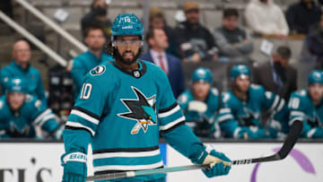 Nov 7, 2023; San Jose, California, USA; San Jose Sharks left wing Anthony Duclair (10) skates on the ice during a stoppage of play against the Philadelphia Flyers during the second period at SAP Center at San Jose. Mandatory Credit: Robert Edwards-USA TODAY Sports