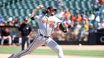 Aug 11, 2016; Oakland, CA, USA; Baltimore Orioles relief pitcher Logan Ondrusek (51) pitches the ball against the Oakland Athletics during the eighth inning at O.co Coliseum. Mandatory Credit: Kelley L Cox-USA TODAY Sports
