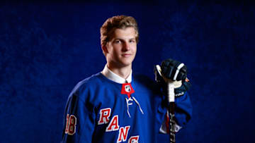 DALLAS, TX - JUNE 22: Vitali Kravtsov poses for a portrait after being selected ninth overall by the New York Rangers during the first round of the 2018 NHL Draft at American Airlines Center on June 22, 2018 in Dallas, Texas. (Photo by Jeff Vinnick/NHLI via Getty Images)
