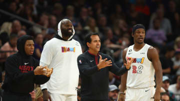 Miami Heat guard Kyle Lowry, center Dewayne Dedmon, head coach Erik Spoelstra and forward Jimmy Butler react against the Phoenix Suns(Mark J. Rebilas-USA TODAY Sports)
