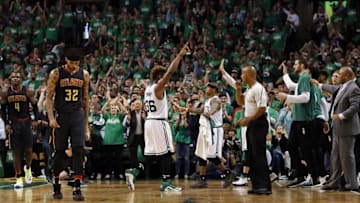 Apr 22, 2016; Boston, MA, USA; Atlanta Hawks forward Mike Scott (32) returns to the sideline as they take on the Boston Celtics during the third quarter in game three of the first round of the NBA Playoffs at TD Garden. Mandatory Credit: David Butler II-USA TODAY Sports