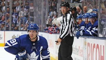TORONTO, ON - OCTOBER 3: John Tavares #91 of the Toronto Maple Leafs gets to his feet against the Montreal Canadiens during an NHL game at Scotiabank Arena on October 3, 2018 in Toronto, Ontario, Canada. The Maple Leafs defeated the Canadiens 3-2 in overtime. (Photo by Claus Andersen/Getty Images)