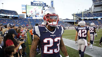 Aug 18, 2016; Foxborough, MA, USA; New England Patriots strong safety Patrick Chung (23) warms up before the start of the game against the Chicago Bears at Gillette Stadium. Mandatory Credit: David Butler II-USA TODAY Sports