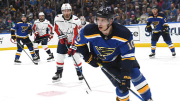 ST. LOUIS, MO - April 02: St. Louis Blues center Brayden Schenn (10) controls the puck on the boards during a NHL game between the Washington Capitals and the St. Louis Blues on April 02, 2018, at Scottrade Certer, St. Louis, MO. Washington won, 4-2.(Photo by Keith Gillett/Icon Sportswire via Getty Images).