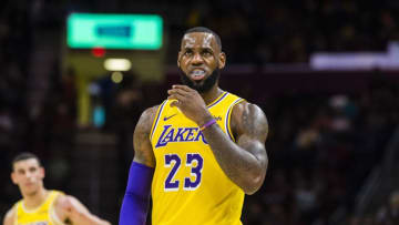 CLEVELAND, OH - NOVEMBER 21: LeBron James #23 of the Los Angeles Lakers pauses on the court during the first half against the Cleveland Cavaliers at Quicken Loans Arena on November 21, 2018 in Cleveland, Ohio. NOTE TO USER: User expressly acknowledges and agrees that, by downloading and/or using this photograph, user is consenting to the terms and conditions of the Getty Images License Agreement. (Photo by Jason Miller/Getty Images)