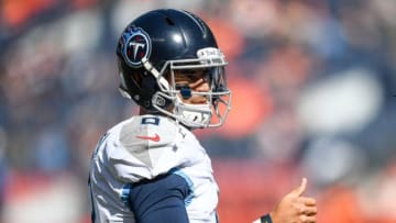 DENVER, CO - OCTOBER 13: Marcus Mariota #8 of the Tennessee Titans stands on the field during player warm ups before a game against the Denver Broncos at Empower Field at Mile High on October 13, 2019 in Denver, Colorado. (Photo by Dustin Bradford/Getty Images)