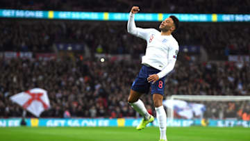 LONDON, ENGLAND - NOVEMBER 14: Alex Oxlade-Chamberlain of England celebrates after scoring his sides first goal during the UEFA Euro 2020 qualifier between England and Montenegro at Wembley Stadium on November 14, 2019 in London, England. (Photo by Mike Hewitt/Getty Images)