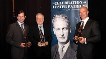NEW YORK - OCTOBER 21: 2009 Lester Patrick Trophy winners ( L-R) Mike Richter Jim Devellano and Mark Messier pose for a photo during the Lester Patrick Trophy Celebration at Gotham Hall on October 21, 2009 in New York City. (Photo by Andy Marlin/Getty Images)
