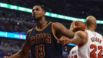 May 14, 2015; Chicago, IL, USA; Cleveland Cavaliers center Tristan Thompson (13) reacts after scoring against the Chicago Bulls during the first quarter in game six of the second round of the NBA Playoffs at the United Center. Mandatory Credit: David Banks-USA TODAY Sports