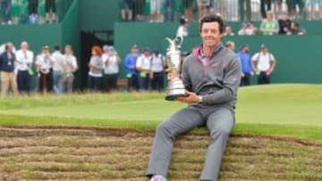 Jul 20, 2014; Wirral, GBR; Rory McIlroy poses with the Claret Jug after winning 143rd Open Championship at The Royal Liverpool Golf Club. Mandatory Credit: Steve Flynn-USA TODAY Sports