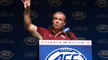 Jul 21, 2015; Pinehurst, NC, USA; Florida State Seminoles head coach Jimbo Fisher speaks with the media during the ACC football kickoff at Pinehurst Resort. Mandatory Credit: Jeremy Brevard-USA TODAY Sports