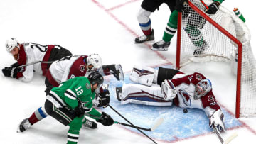EDMONTON, ALBERTA - AUGUST 30: Pavel Francouz #39 of the Colorado Avalanche stops a shot against Radek Faksa #12 of the Dallas Stars during the second period in Game Four of the Western Conference Second Round during the 2020 NHL Stanley Cup Playoffs at Rogers Place on August 30, 2020 in Edmonton, Alberta, Canada. (Photo by Bruce Bennett/Getty Images)