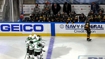 John Klingberg #3 of the Dallas Stars is congratulated by his teammates after scoring a goal against the Vegas Golden Knights during the first period in Game One of the Western Conference Final. (Photo by Bruce Bennett/Getty Images)