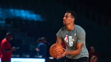 NBA player Thabo Sefolosha of Utah Jazz gets ready to throw the ball to the basket during a practice session on the eve of the NBA Africa Game 2017 basketball match between Team Africa and Team World, on August 4, 2017, in Johannesburg. / AFP PHOTO / MUJAHID SAFODIEN (Photo credit should read MUJAHID SAFODIEN/AFP/Getty Images)