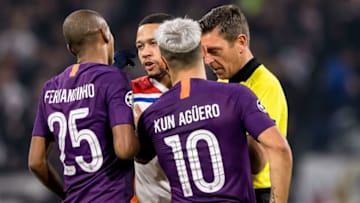 Memphis Depay of Olympique Lyonnais, Sergio Aguero of Manchester City. (Photo by VI Images via Getty Images)