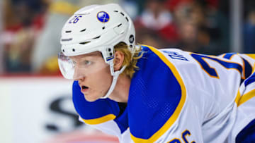 Oct 20, 2022; Calgary, Alberta, CAN; Buffalo Sabres defenseman Rasmus Dahlin (26) during the face off against the Calgary Flames during the third period at Scotiabank Saddledome. Mandatory Credit: Sergei Belski-USA TODAY Sports