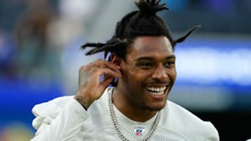 Jun 10, 2021; Los Angeles, CA, USA; Los Angeles Rams cornerback Jalen Ramsey (5) is all smiles during an offseason workout at SoFi Stadium. Mandatory Credit: Robert Hanashiro-USA TODAY Sports